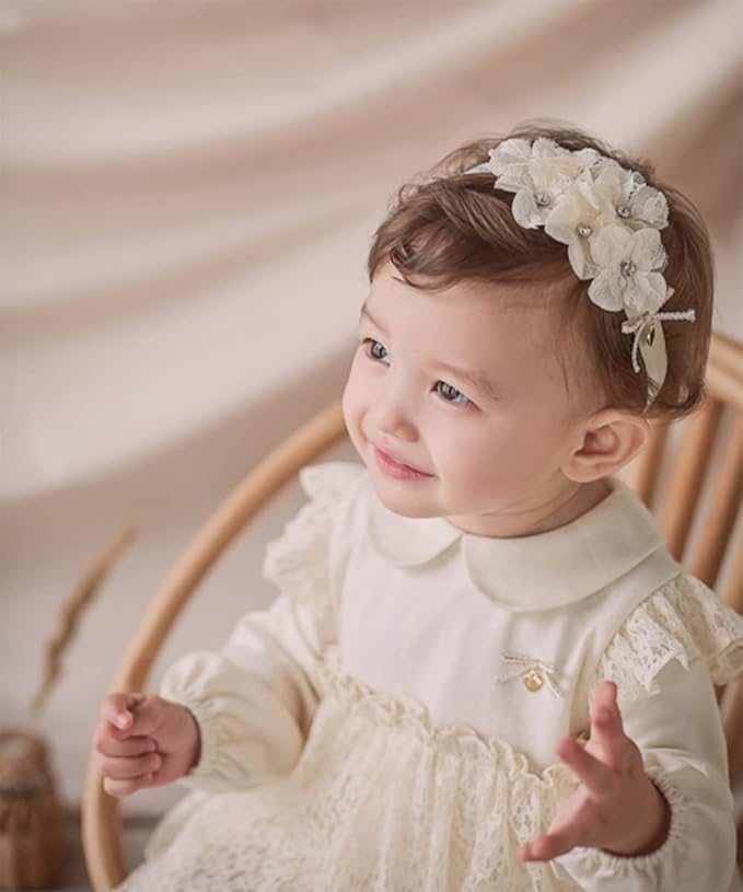 Baby Girl Headband White Lace Hairband Elastics Flower Head Wrap Hair Accessories Gift for Newborn Infant Toddlers Kids Baptism Shower Gift Birthday Wedding Party (Style 3)