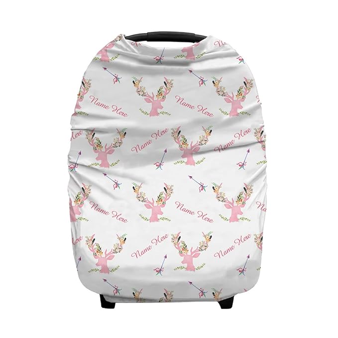 Personalized Antler and Flower Baby Car Seat Covers with Name, Custom Nursing Cover Breastfeeding for Babies, Carseat Canopy for Girls, Infant Stroller Cover, Breathable Carseats Cover