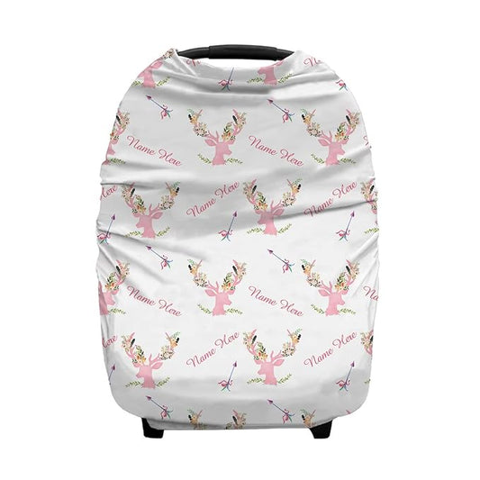 Personalized Antler and Flower Baby Car Seat Covers with Name, Custom Nursing Cover Breastfeeding for Babies, Carseat Canopy for Girls, Infant Stroller Cover, Breathable Carseats Cover