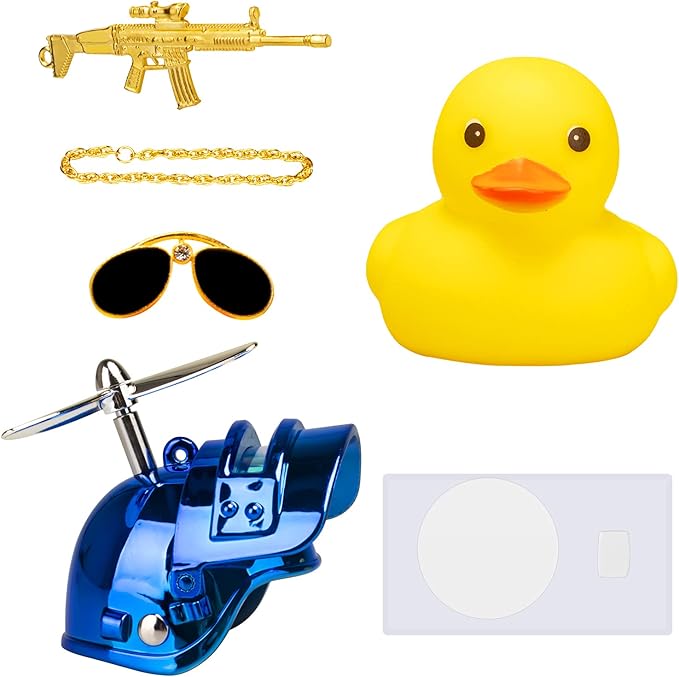 wonuu Rubber Duck Car Ornaments Cool Yellow Duck Car Dashboard Decorations Squeaky Glasses Duck with Propeller Helmet for Car ccessories Dashboard (Y-Blue)