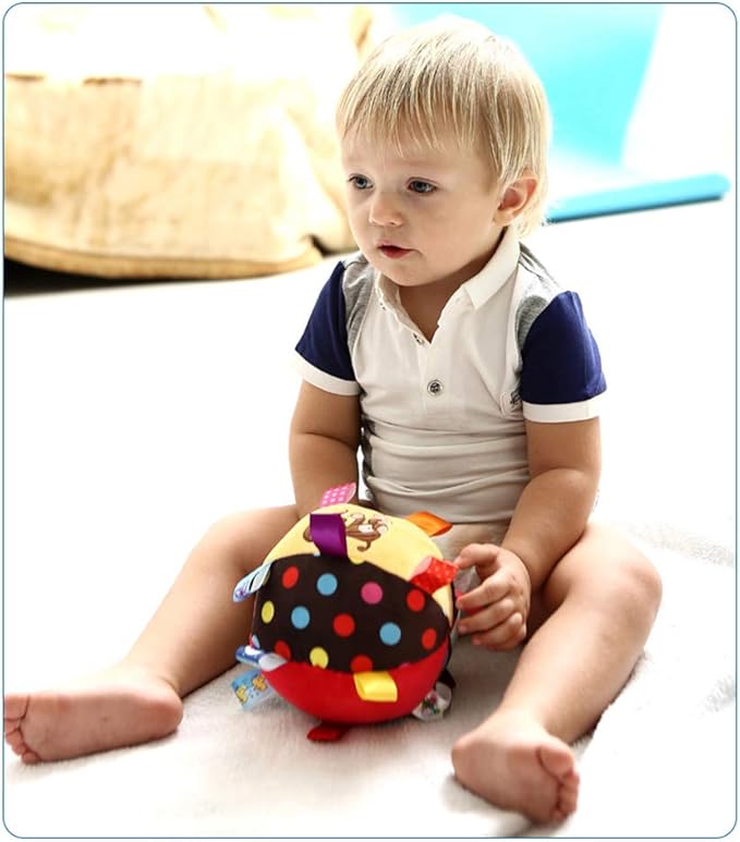 Baby Taggie Ball, Colorful Rattle Ball with Tags, Soft Plush Stuffed Animal Multi Sensory Toy for Early Educational, Ribbon Tag Toy for Baby Kids Toddlers Infants