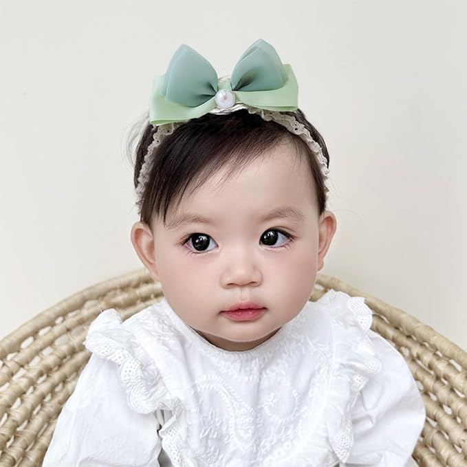 Bow Lace Headbands for Baby Girls Soft Tulle Ribbon Pearl Head Wrap Elastic Bow-knot Hair Band Shower Birthday Hair Accessory for Newborn Infant Toddler (Green C, Elastic)