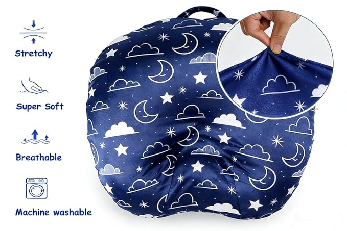 Newborn Lounger Cover - Hypoallergenic Minky Fitted Cover for Boppy Lounger Pillow - Stain-Resistant & Soft Baby Lounger Replacement Cover (Navy Blue, Stars and Clouds)