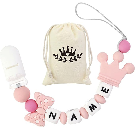 Personalized Pacifier Clip with Name, Ausbay Customized Pacifier Holder Leash with Name (Pink)
