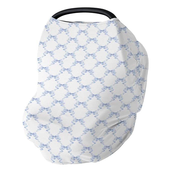 Blue Bows Ribbon Car Seats Cover for Babies Pastel Blue Ribbons Stretchy 5-in-1 Cover Adjustable Car Canopy Breastfeeding Cover Watercolor Bows Breathable Nursing Cover-Up
