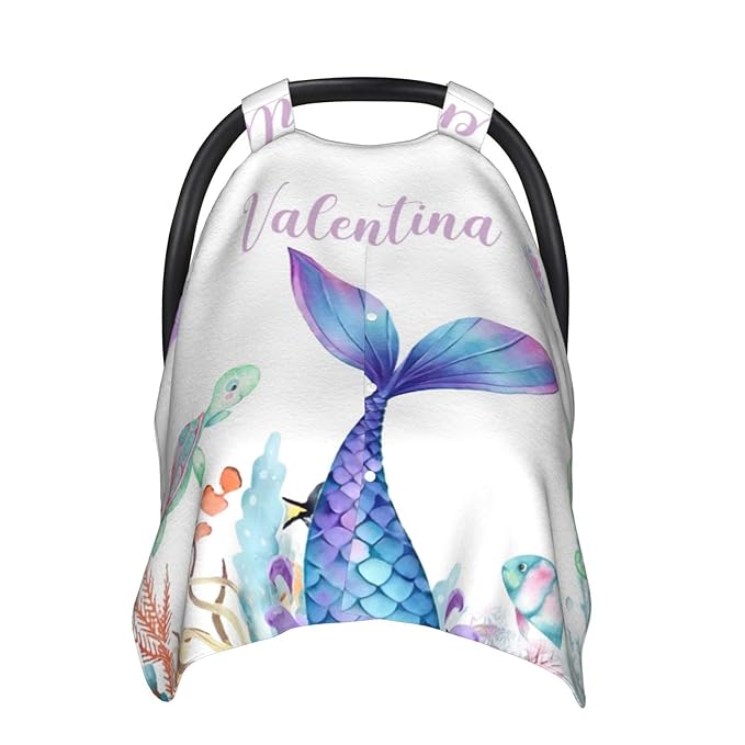 Personalized Baby Car Seat Canopy for Babies, Custom Name Car Seat Covers for Baby Girls, Mermaid Opening Minky Nursing Breastfeeding Cover for Infant, Carseat Canopies for Newborn