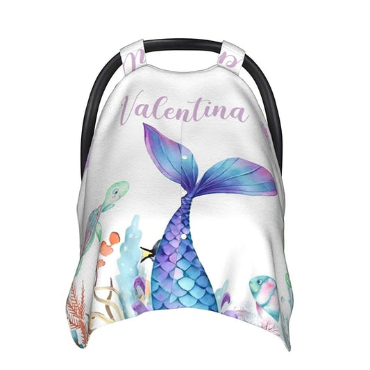 Personalized Baby Car Seat Canopy for Babies, Custom Name Car Seat Covers for Baby Girls, Mermaid Opening Minky Nursing Breastfeeding Cover for Infant, Carseat Canopies for Newborn