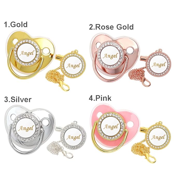 Personalized Pacifier and Pacifier Clip with Name,Bling Pacifier Clip Set with Multiple Patterns Glitter Crystal Luxurious Ideal Gift for Boy Girl Baby Shower Photography Newborns (Gold)
