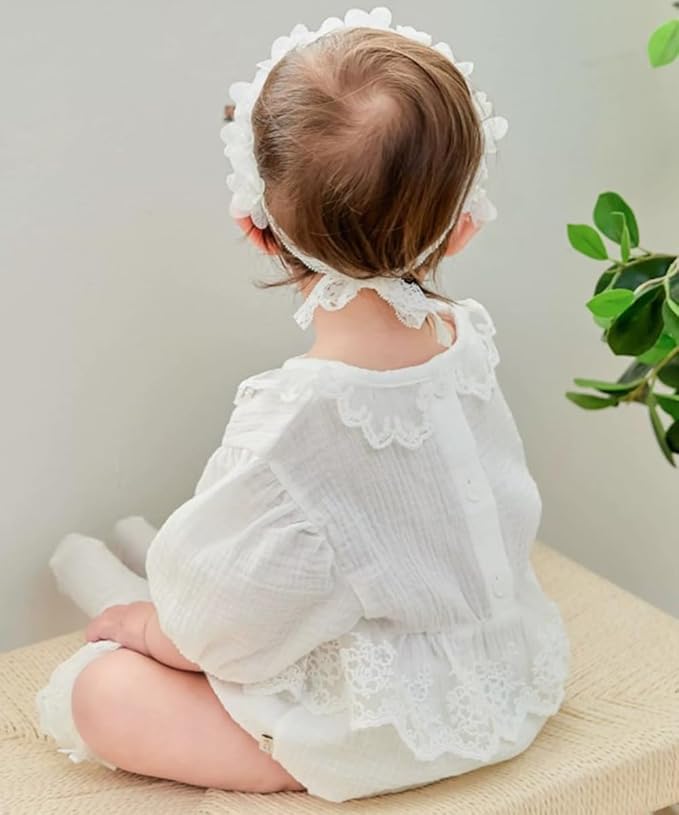 Floral Lace Hair Bow for Baby Girls Soft Stretch Headband for Newborns to Toddlers Baby Shower Birthday Hair Band 0-36 Months (White flower, Free)