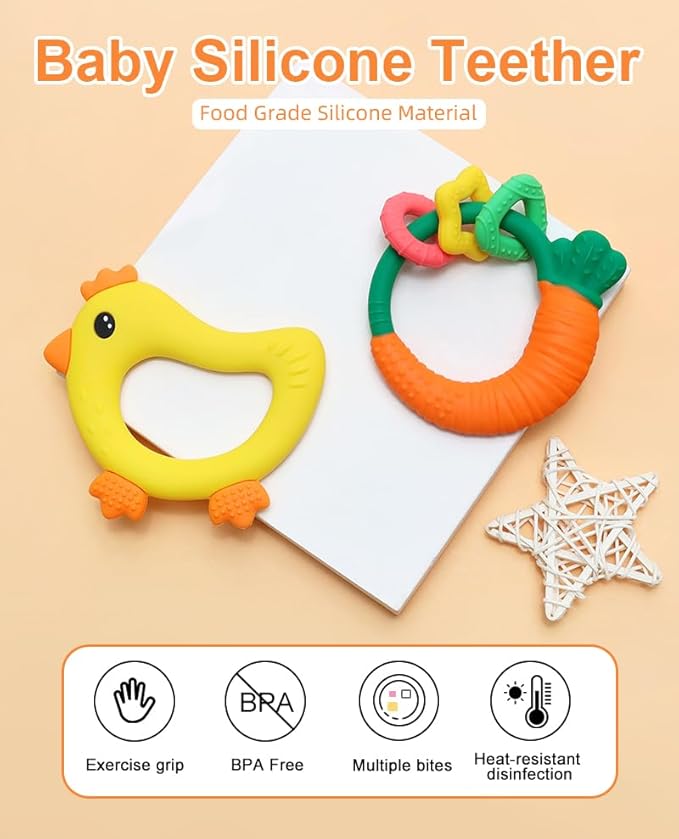 Baby Teether with Easy-Hold Handle, Silicone, BPA-Free, Soothe Sore Gums, Textured for Sensory Development, Teethable Surfaces - Baby Teething Toy for 3 Months & Up (Carrot and Chicken)