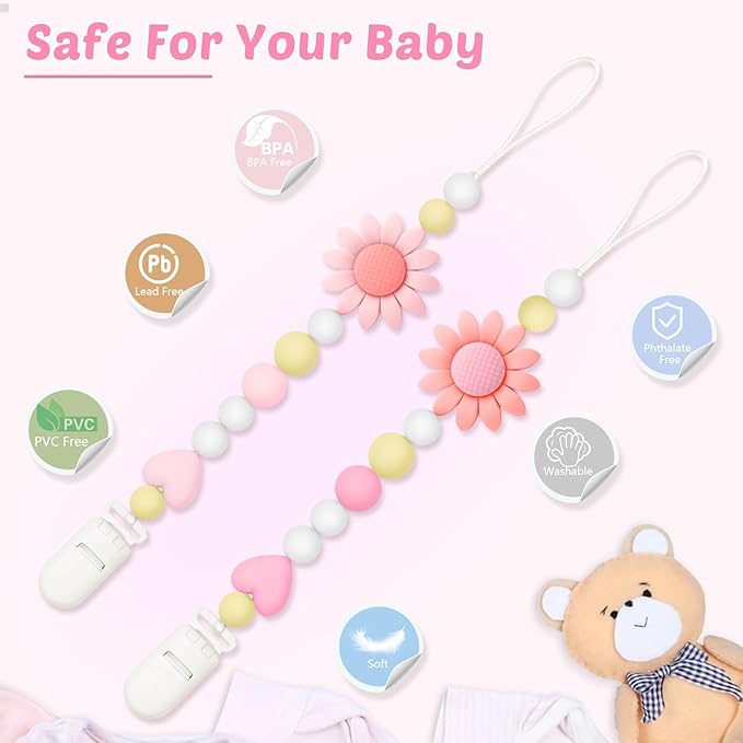 Silicone Pacifier Clip, 2 Pack Pacifier Holder for Boys and Girls, Adorable Sunflower Pacifier Strap Fits for Most Pacifier, Baby Teethers and Toy Straps (Light Pink&Pink)