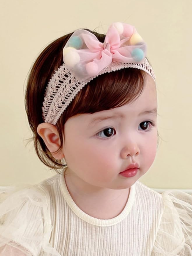 Baby Girls Hairbands Bow Lace Headband Handmade Soft Stretchy Pink Bowknot Hairbands Newborn Hairband with Bows Elastic Hair Bands for Kids Infant(Pink Ball Bow