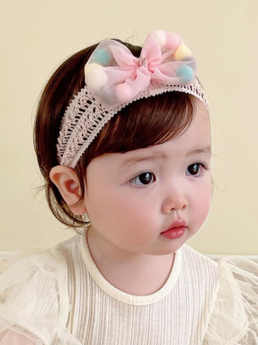 Baby Girls Hairbands Bow Lace Headband Handmade Soft Stretchy Pink Bowknot Hairbands Newborn Hairband with Bows Elastic Hair Bands for Kids Infant(Pink Ball Bow
