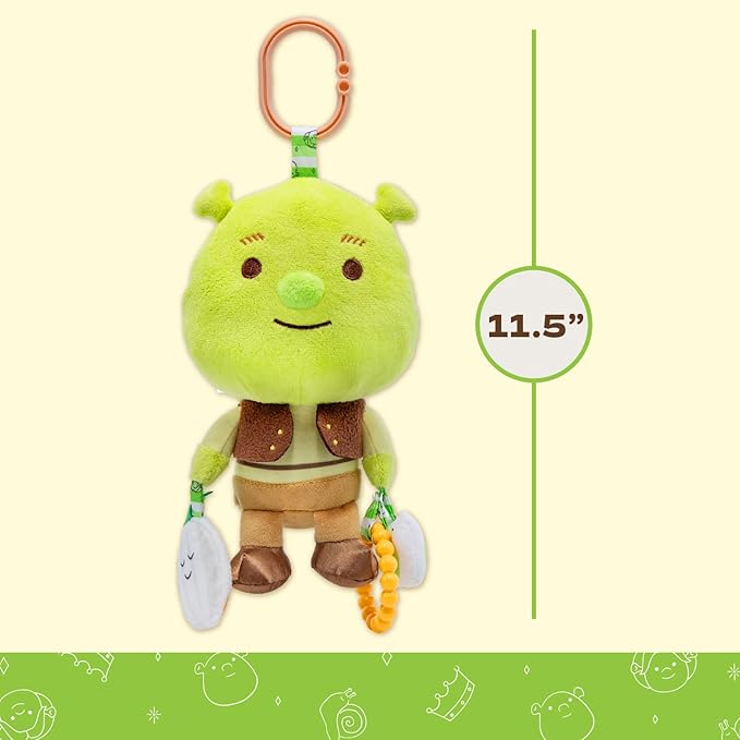 Shrek Activity Toy – Made with Super Soft Material & Features Jingle Bell, Child-Safe Mirror & Crinkle Sound – Use The C-Clip for Easy Hanging as On-The-Go Baby Toy for Boys & Girls