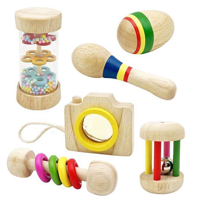 Wooden Baby Rattle, Organic Colorful Baby Rattles Set, Toddler Hand Wooden Rattles Toy Set for Infant Grasping, Sensory Development, Gift for Baby Boys Girls