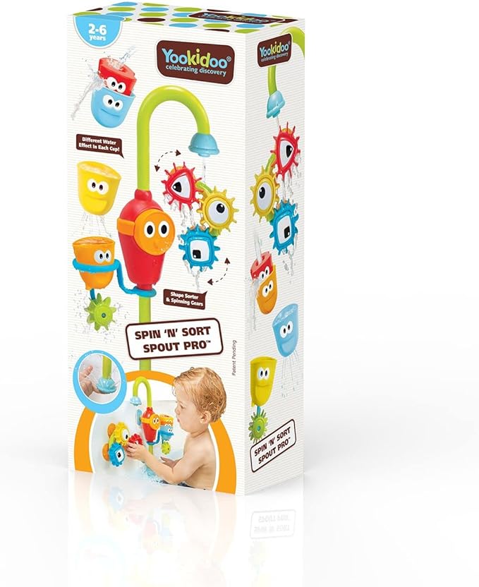 Yookidoo Bay Bath Toddler Toys (Ages 1-3) - 3 Stackable Cups, Spinning Gears, Hose & Spout for Water Play - Mold Free - Suction Cups Attach to Any Bath Tub or Shower - Spin N Sort Spout Pro