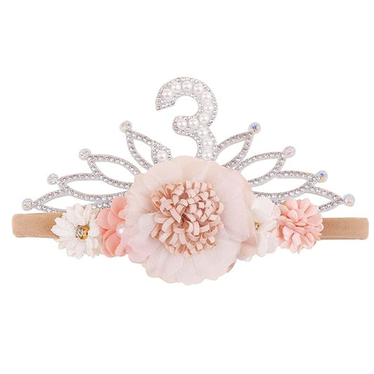 cherrboll Flower Headband Birthday Crown for Girl, Floral Nylon Hairband for 1-3 Years Old Toddler, 3rd Birthday Party Dress Photo Decoration Hair Accessory
