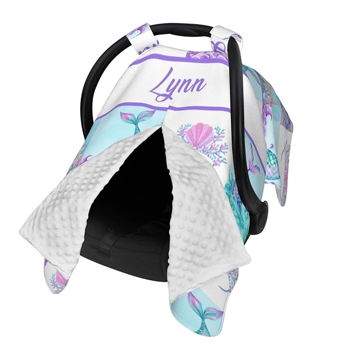 Personalized Baby Car Seat Canopy for Girls, Custom Name Baby Car Seats Covers for Babies, Opening Minky Nursing Breastfeeding Stroller Cover Infant Carseat Canopies for Newborn (Mermaid)