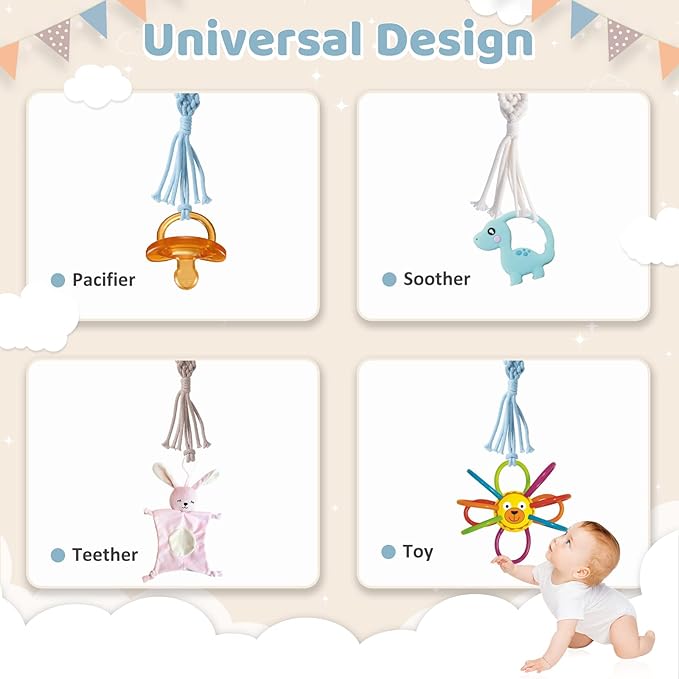Boho Pacifier Clip for Boys Girls Pacifier Holder Leash Wooden Clips Handmade Braided Cotton Unisex Baby Shower Birthday Gift Christmas Gift