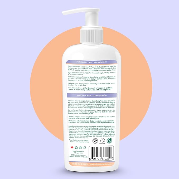 Aleva Naturals Sleep Easy Calming Relaxing Bedtime Baby Lotion, For babies and toddlers, Enriched with Lavender and Chamomile Oils, Sensitive Skin Friendly, Organic Ingredients - 8 Fl Oz