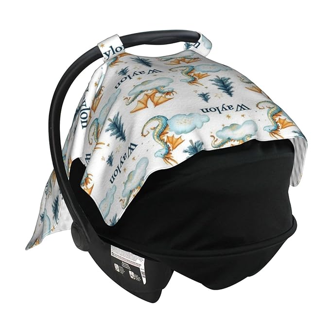 Personalised Dragon Baby Car Seat Cover for Boys, Customized Babies Carseat Covers with Name, Windproof Sun Protection Baby Carseat Canopy, Multi-use Nursing Breastfeeding Covers for Infant