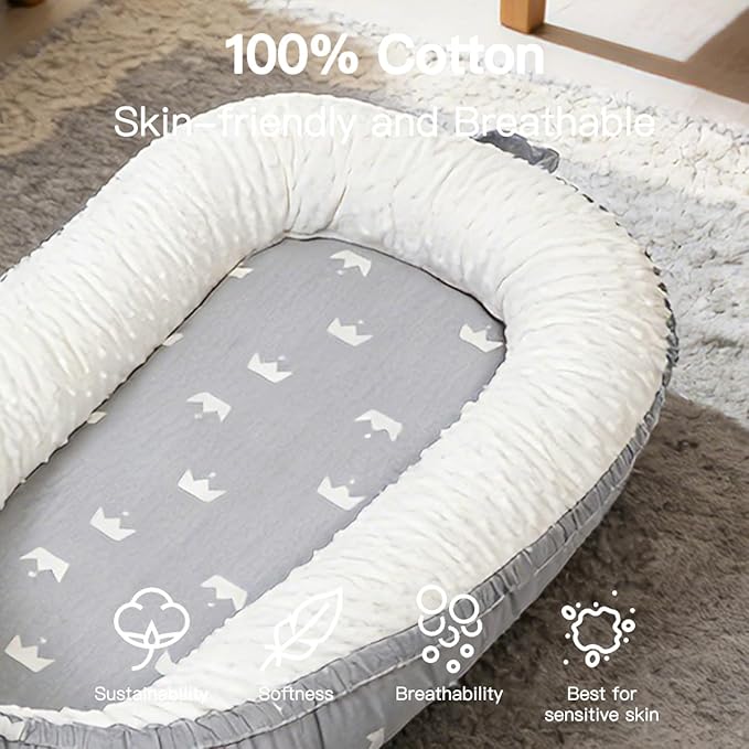 Infant Support Cushion-Breathable and Soft Organic 100% Cotton, Portable Tummy Time Mat with Removable Support Cushion Cover, Floor Baby Support Cushion for Newborn - Grey Crown