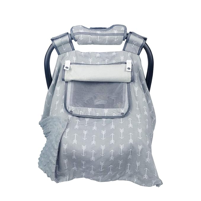 Car seat Covers for Babies boy Girl, Carseat Canopy for Newborn Carrier, 2 Layers Windows of mesh/Fabric, No Shifting on Carrier Handle, Handle Cushion, Cotton & Grey Minky