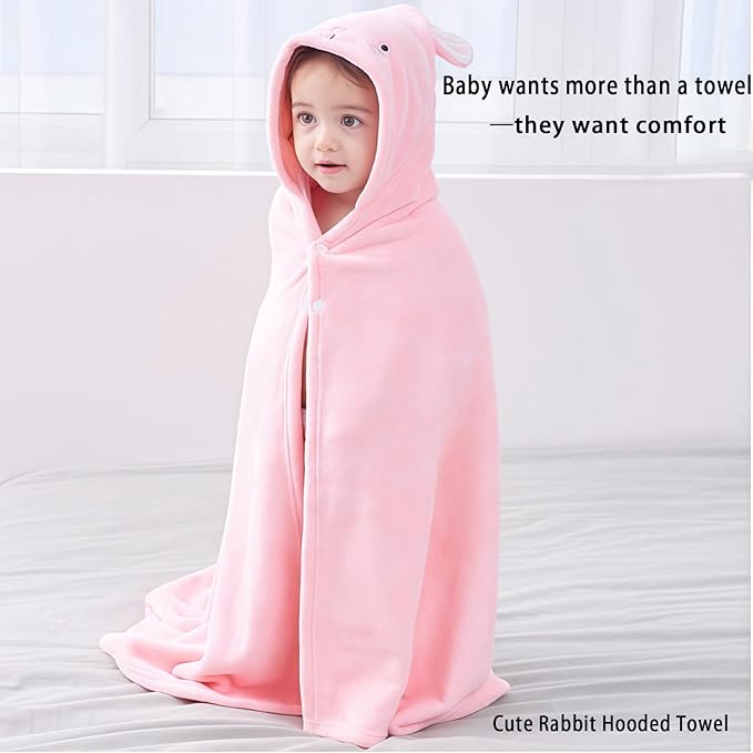 Toddler Baby Bath Towel with Hood 27.5"X55" Ultra Absorbent Soft Cozy Comfort Bathrobe Blanket, 0-6 Years Infant Shower Towel for Girls & Boys(Rainbow Pink)
