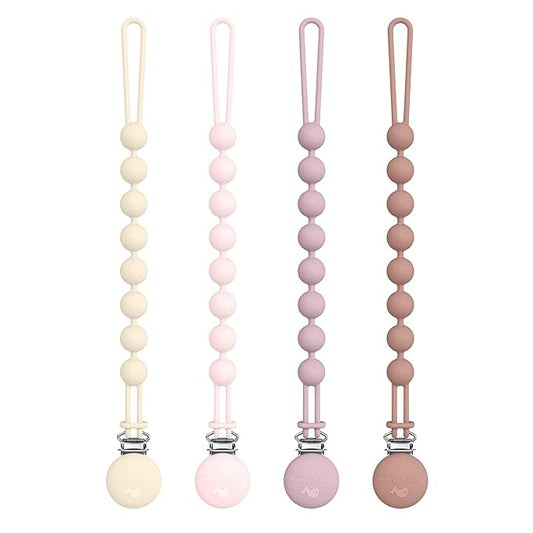 Cuddle Campus Silicone Pacifier Clip Holder with One Piece Design,Soft Flexible Binky Clips with Texture for Baby Boy and Girl Pack of 4 (0-6m)