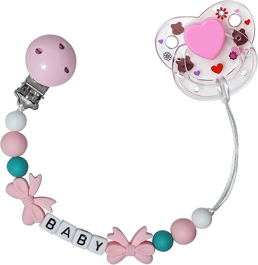 Pink Cute Pacifier Clip with Magnetic Pacifier Reborn Dolls Toy Accessories (Bowtie)