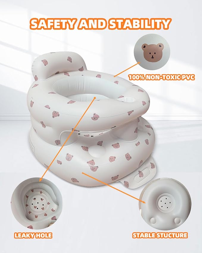 AGITVPS Inflatable Baby Seat for Babies 3-36 Months, Built in Air Pump Baby Chair Sit Me up Floor Seat for Baby, Bumbo Seat for Learning to Sit, Feeding, Camping (Bear-Surround)