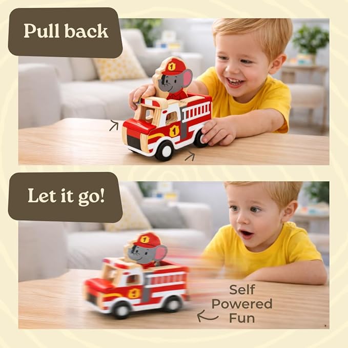Little Acorn, Wooden Pull Back Cars with Mix & Match Characters | Montessori Toys for 1 & 2 Year Old | Car Toys for Toddlers 1-3 | Baby Toys 6-12 Months | Birthday Gifts for Boys Girls