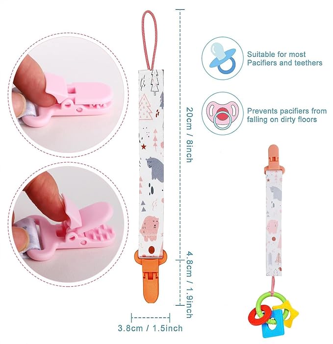 4 Pcs Baby Dummy Strap Clip, Pacifier Clip Dummy Holder Straps with 4 Silicone Adapter, Soother Chains Clips Fit All, Soothers, Teething Toys, Baby Essentials
