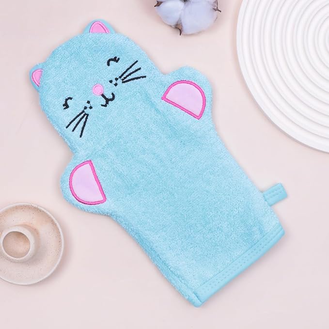 JN&LULU Baby Organics Bath Mitt Toddlers Bath Cotton and Soft Scrub Bathing Loofah Baby Shower Gifts (Blue Kitty)