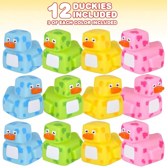 ArtCreativity 2.25 Inch Pixelated Rubber Duckies for Bath, Pack of 12 – Colorful Rubber Ducks in Bulk, Fun Bath Tub & Pool Toys, Cute Party Favors, Carnival Prizes, and Decorations