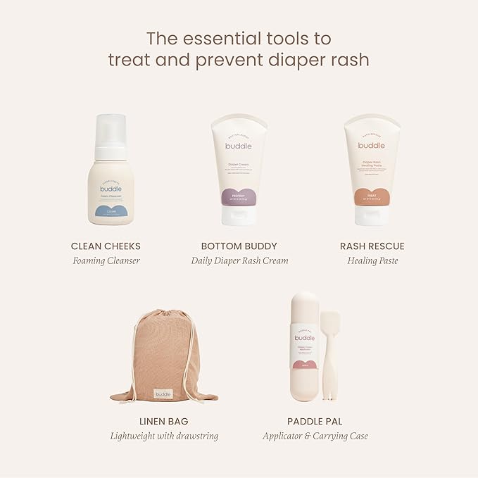 Buddle Diaper Rash, 4-Piece Kit, 40% Zinc Oxide Ointment, Diaper Cream, Foam Cleanser & Paddle Pal Silicone Spatula Applicator