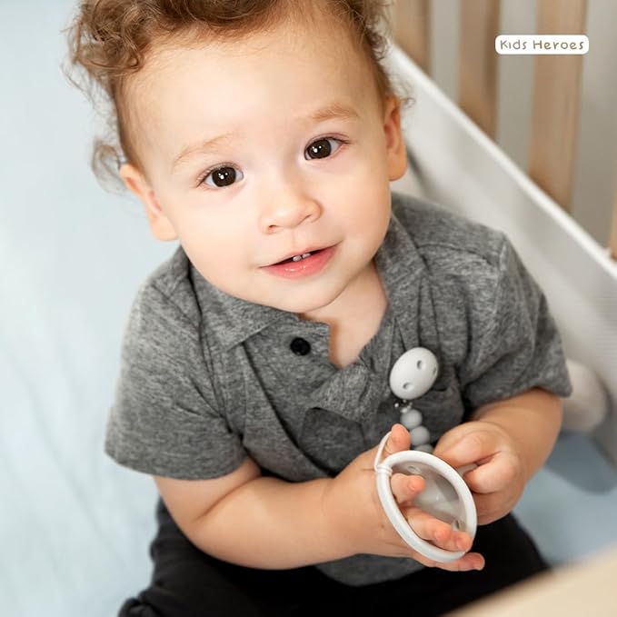 Kids Heroes Silicone Pacifier Holder Clip with One Piece Design for Baby, 2 Pack (Blue and Grey)