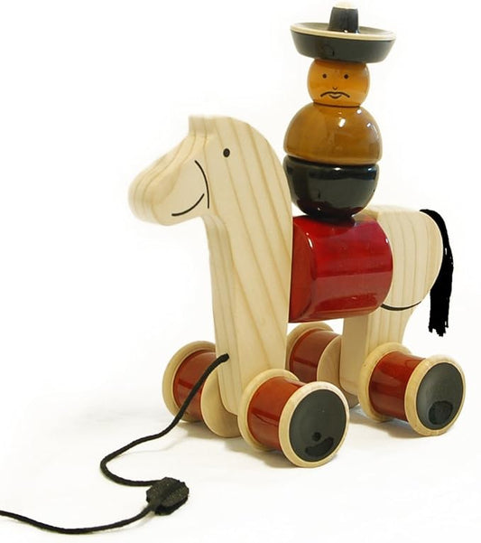 Maya Organic Handmade Wooden Stacker & Pull Toy Rodeo with Galloping Motion, Made Using Natural Colors for Toddlers 18 Months Old and up, Helps in Early Education and Development | HEE HAW