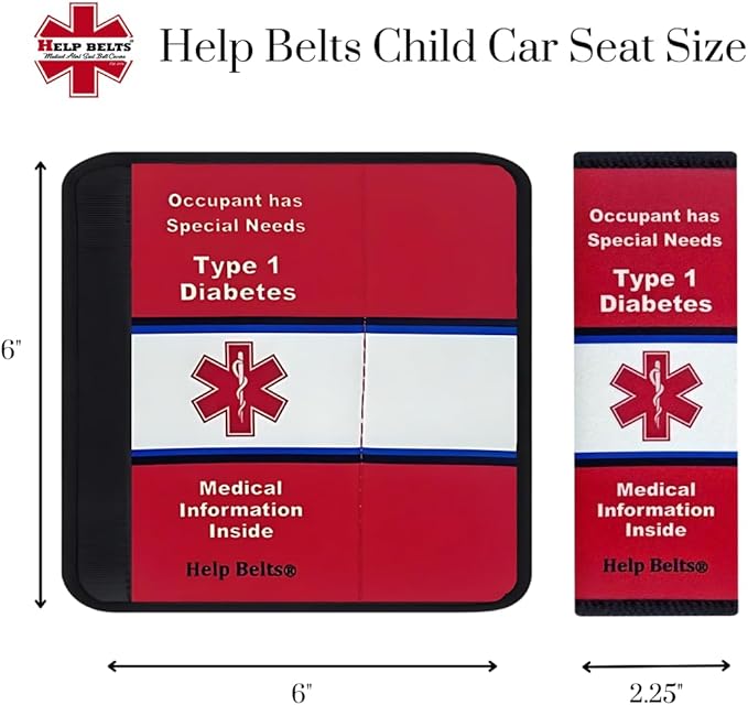 Type 1 Diabetes Awareness Medical Alert Seatbelt Cover for Children in Car Seats (6”) Featuring an Emergency Information Form and Pocket by Help Belts. (Red/White)