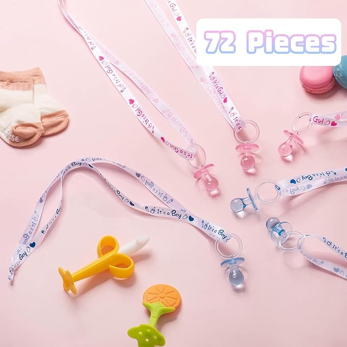 72 Acrylic Pacifier Necklace for Baby Shower Boys & Girls Party Favors, Gender Reveal Party Table Scatter/Necklace Game (Blue & Pink)