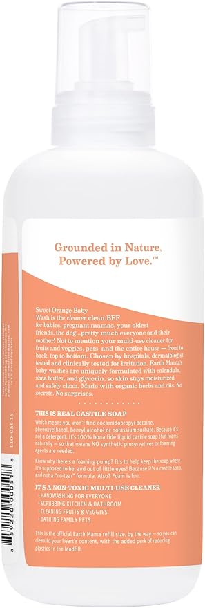 Earth Mama Sweet Orange Baby Wash Liquid Foaming Hand Soap Refill, Organic All Purpose Body Wash for Sensitive Skin, Castile Soap with Coconut Oil, Shea Butter, Calendula, & Aloe, 34 fl oz