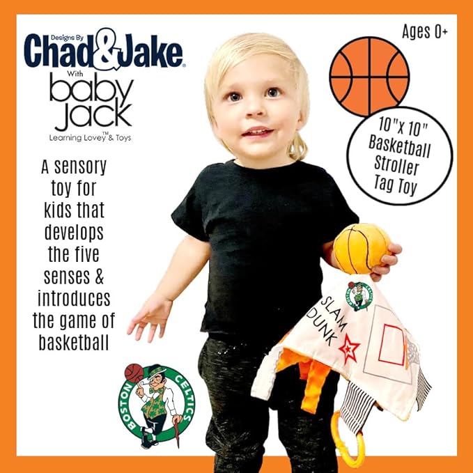 The Learning Lovey Boston Celtics Baby Tag Toy, NBA Basketball Sensory Crinkle Toys, Soft & Safe, Ideal Stroller, BPA-Free with Clip, 10" x 10"