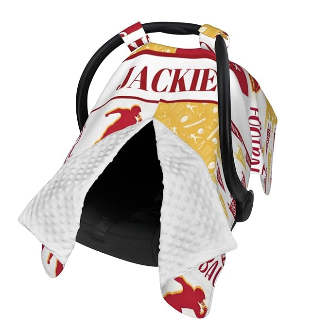 Personalized Baby Car Seat Canopy for Babies with Name, Custom Car Seat Covers for Boys Girls, Infant Opening Minky Nursing Breastfeeding Stroller Cover Carseat Canopies for Newborn (Football Theme)