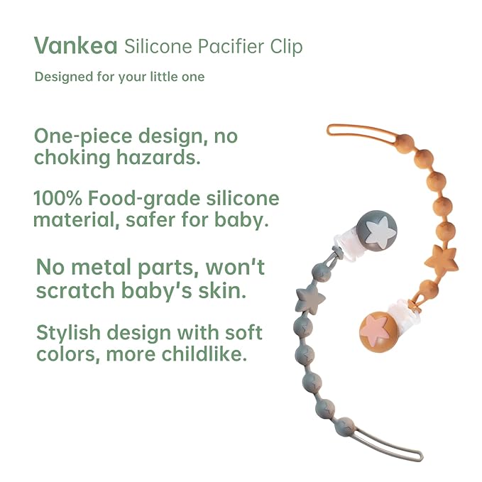 Silicone Baby Pacifier Clips for Boys and Girls, Pack of 2 Flexible Rust-Free Pacifier Holder Clip with One-Piece Design, Paci Binky Clips (Sage+Mustard)