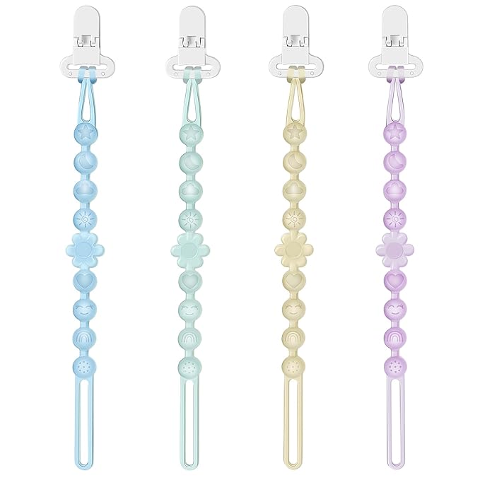 Silicone Pacifier Clip Holder with One-Piece Beads, 4 Packs Soft Flexible and Rust-Free Binky Pacifiers Clips for Teething Relief Baby Essentials Accessories, Safe for Boy and Girl
