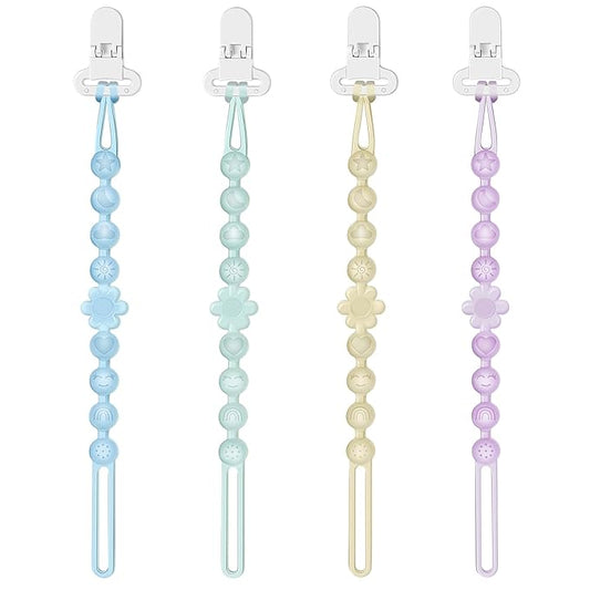 Silicone Pacifier Clip Holder with One-Piece Beads, 4 Packs Soft Flexible and Rust-Free Binky Pacifiers Clips for Teething Relief Baby Essentials Accessories, Safe for Boy and Girl