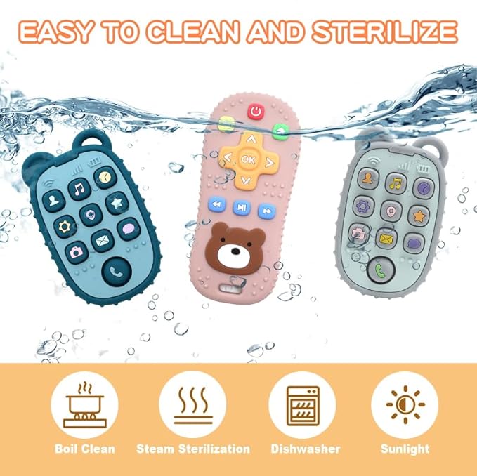 HippoBaby 2-Pack Silicone Teethers – Remote Control & Phone Teething Toys with Popper Buttons, BPA-Free, CPC Certified Baby Essentials for Infants & Toddlers (Remote/Phone - Dark Blue/Grey)