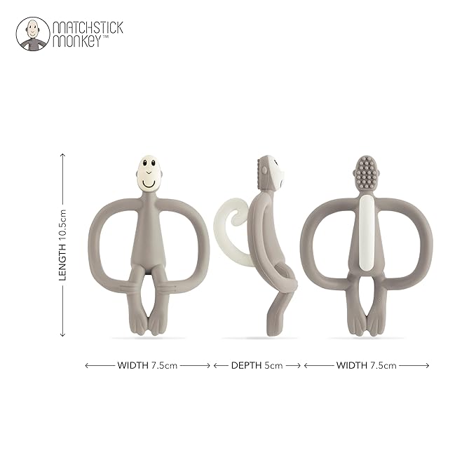 Matchstick Monkey Original Teether & Gel Applicator – Silicone Baby Teether, Easy-to-Grip, BPA-Free, Supports Self-Soothing & Early Brushing, 3 Months+, 4 Inches, Grey