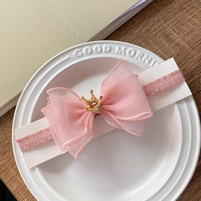 Cute Baby Girl Headband with Lace Bow and Crown Elastic Lace Bow Hair Band Newborn to Toddler Hair Accessory Shower Birthday Party Gift (Pink, Free)