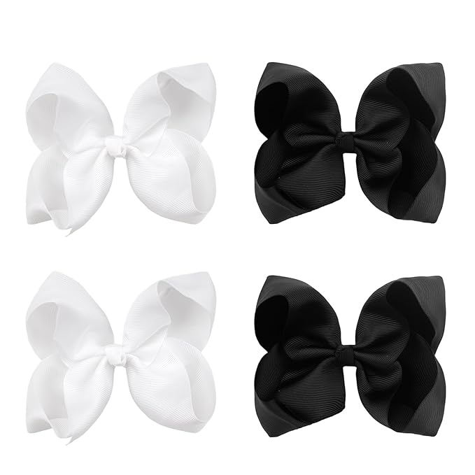 Hair Bows for Girls Alligator Clips Black White Grosgrain Ribbon Solid Color 4PCS Hair Accessories for Little Teen Toddler Girls Kids